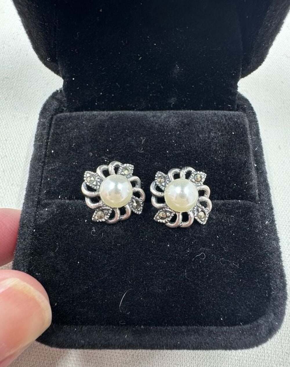 925 Sterling Silver Floral Stud Earrings with Faux Pearl and Marcasite Accents